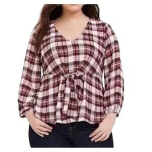 Torrid Top 3X Red Pullover Plaid Georgette Belted Peplum Retro Boho Western 80s
